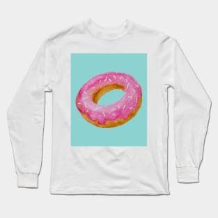 Watercolor donut - pink on blue background Long Sleeve T-Shirt